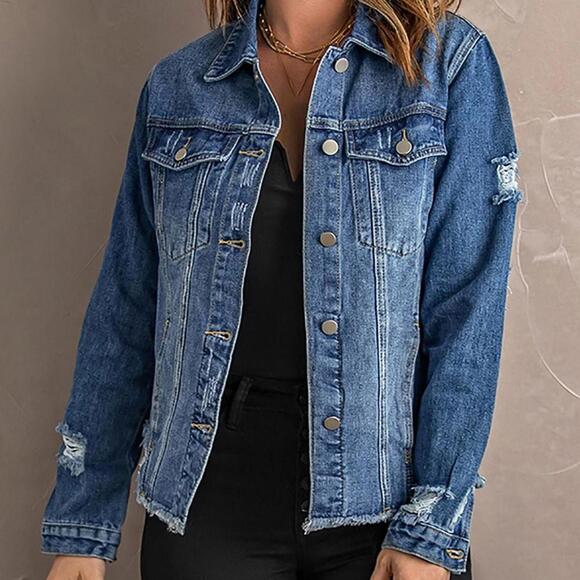 Jackets & Blazers - Medium Wash Distressed Women's Denim Jacket